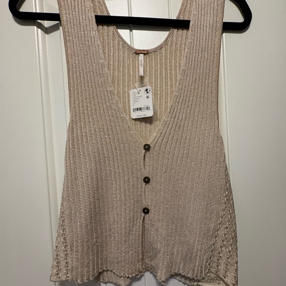 Free People Beige Knit Button-Down Top